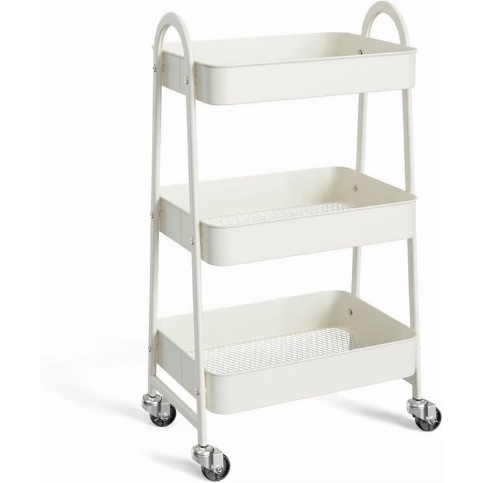 Sybels 3-Tier Rolling Cart with Locking Wheels, Heavy Duty Metal Utility Organizer for Kitchen, Bathroom & Office, White