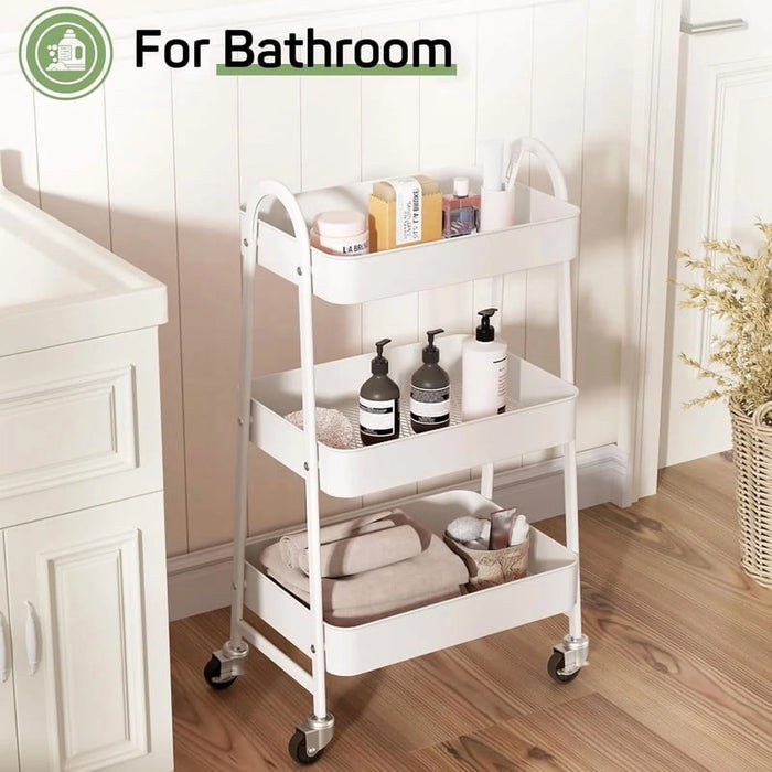 Sybels 3-Tier Rolling Cart with Locking Wheels, Heavy Duty Metal Utility Organizer for Kitchen, Bathroom & Office, White