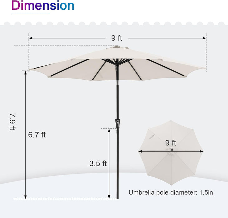 Dozzle 9 ft Patio Umbrella with Tilt & Crank, 8-Rib Outdoor Market Umbrella for Table, White