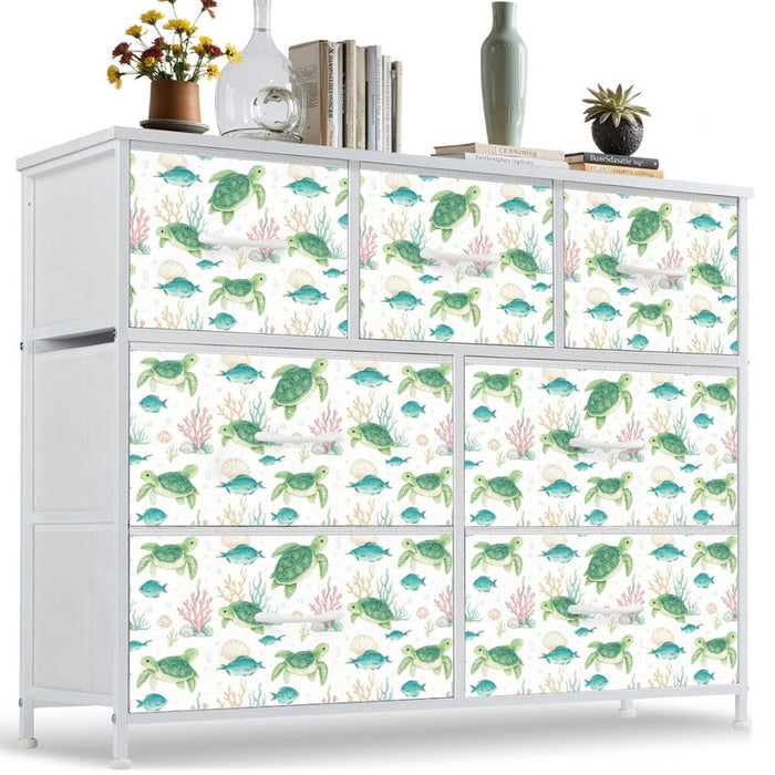 Taoset Coastal Beach House Kids Dresser - 7 Drawer Fabric Storage Chest with Jellyfish Pattern, Nautical Ocean Life Organizer for Nursery & Bedroom