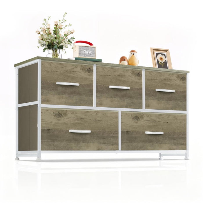Simenmax 5 Dresser for Bedroom, 5 Storage Drawers, Wide Fabric Closet Chests Organizer Tower Furniture with Wooden Top Metal Frame for Clothes, Room, Living Room, Hallway, Entryway, Oak Greige