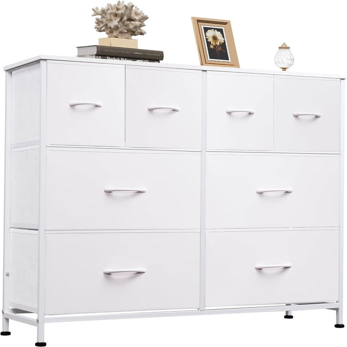 Simenmax TV Stand with 8 Drawers, White Dresser with Wood Top Fabric Chest of Drawers for Bedroom, Closet, Living Room, Entryway