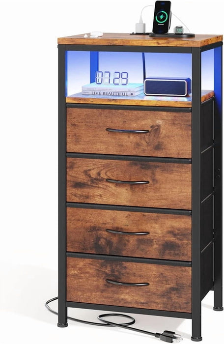Nextay Nightstand with Charging Station, 4-Drawer Bedside Table with USB/Type-C Ports, AC Outlets & LED Light Strip, Adjustable Feet, Brown