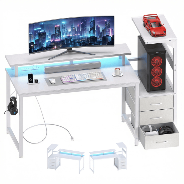 Taoset Reversible Gaming Desk with LED Lights, Power Outlet & 3 Fabric Drawers, 52" Carbon Fiber Computer Desk with Full Triple Monitor Riser, CPU Storage Tower Headset Hook for Home Office Dorm, White