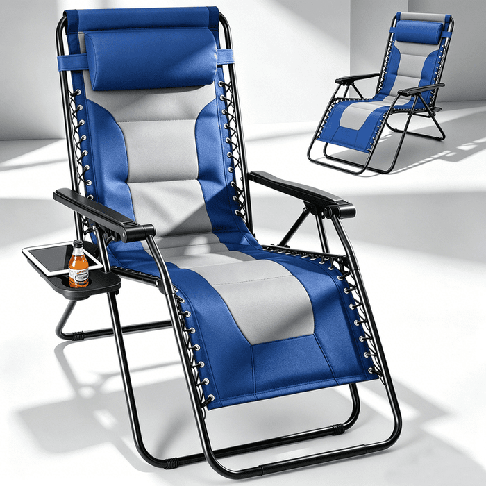Betcozy Padded Zero Gravity Chair, Heavy Duty 450lbs Capacity Reclining Lounge Chair, Built-in Cushioned Folding Patio Chair with XL Side Tray & Adjustable Pillow for Garden, Backyard, Blue