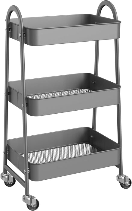 Simenmax Rolling Utility Cart, 3-Tier Metal Storage Trolley with Handle and Lockable Wheels, Multifunctional Organizer for Office, Kitchen, Living Room, Bathroom,Gray