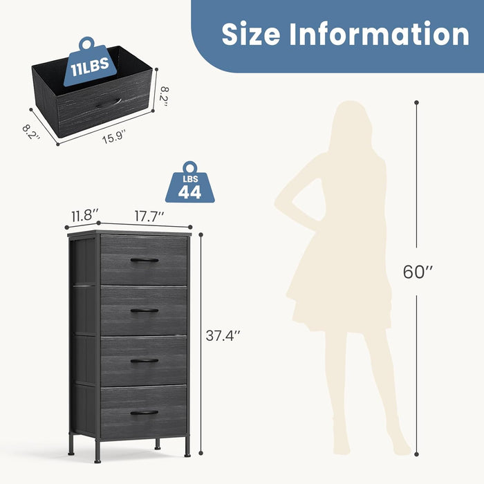 Simenmax 4 Storage Dresser for Bedroom, Wide Fabric Closet Chests Organizer Tower Furniture with Wooden Top Metal Frame for Bedroom, Living Room, Hallway, Entryway, Black Wood