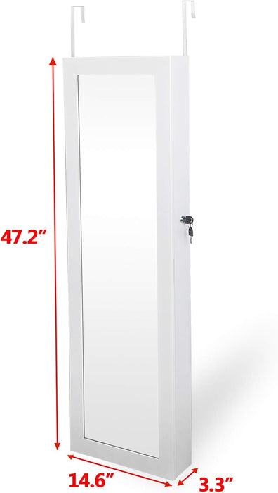 Simenmax 6 LEDs Mirror Jewelry Cabinet, 47.2-Inch Tall Lockable Wall or Door Mounted Jewelry Armoire Organizer with Mirror, 2 Drawers