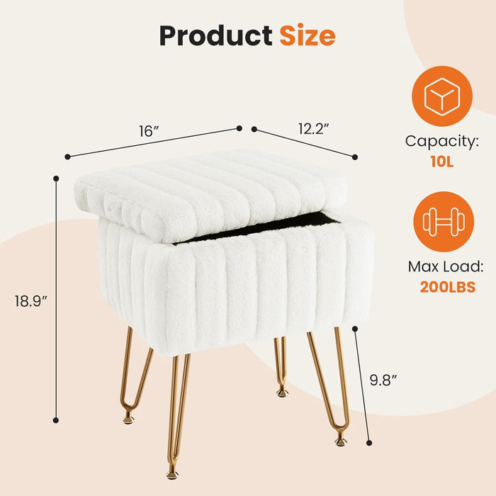 Simenmax Vanity Stool Chair with Storage, Ottoman Faux Fur Soft Padded Makeup Footstools Seat with 4 Metal Legs Anti-Slip Adjustable Feet Modern Cute Small Footrest for Home Entryway Bedroom,Pink