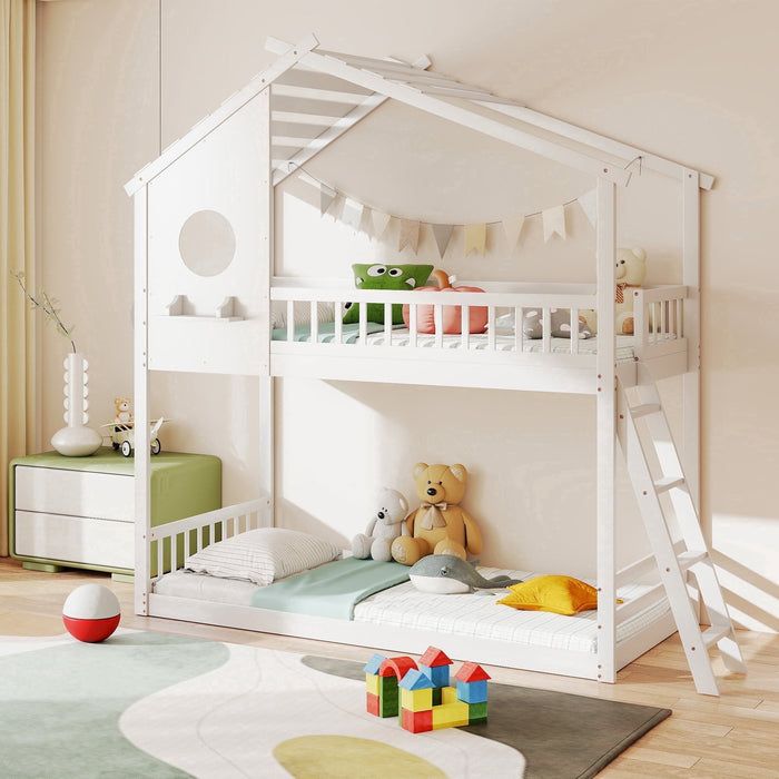 Taoset Bunk Bed Twin Over Twin, Wood Loft House Bunk Bed with Ladder, Safety Guardrail, 92.5'' Hight Kids Bed Frame