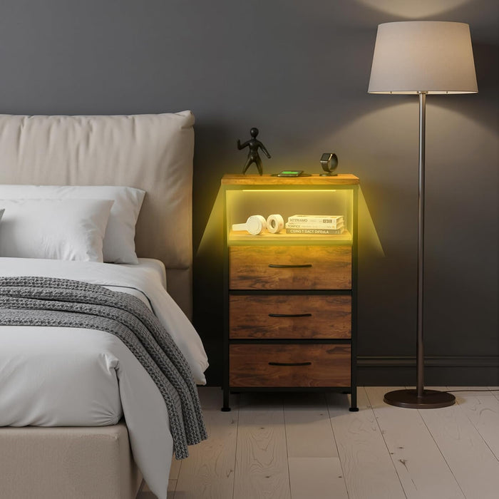 Simenmax Nightstand with Charging Station & LED Lights, 3 Drawer Bedside Table with Variable Light Strip, Modern Industrial Bedroom Furniture, Brown