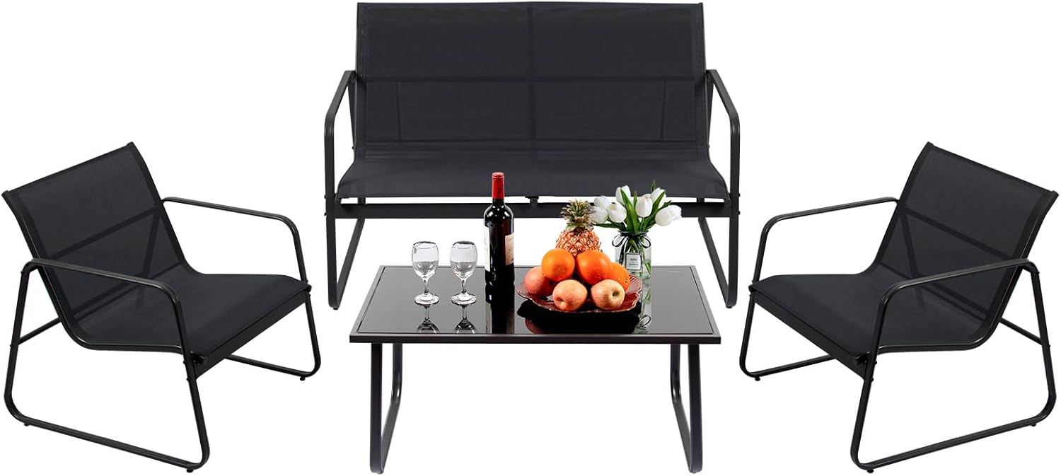 Simenmax 4 Piece Patio Furniture Set, Outdoor Patio Furniture with Loveseat and 2 Single Chairs, Bistro Table and Chairs Set for Backyard, Balcony, Lawn,Gray