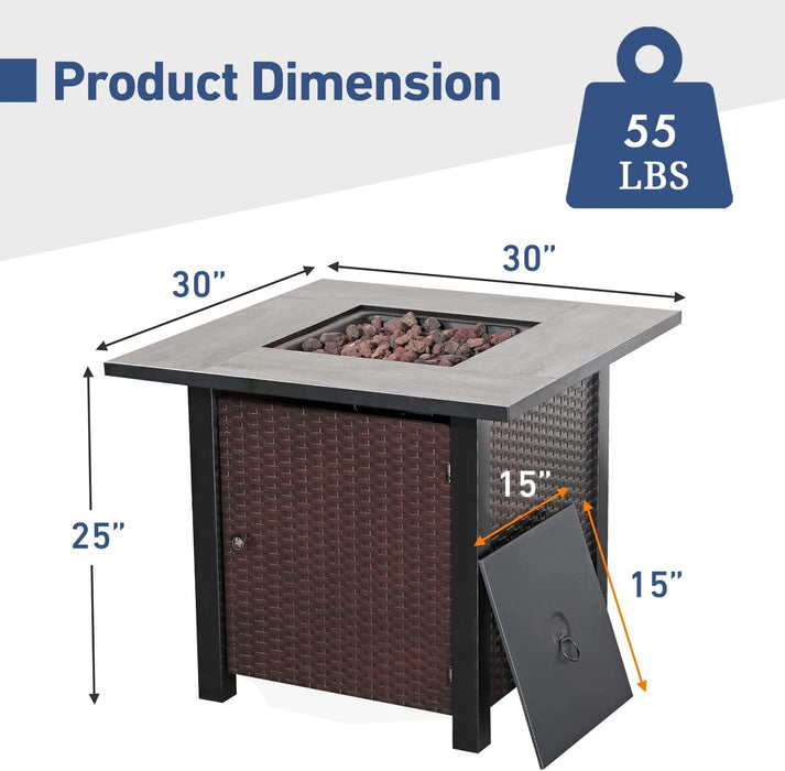 WOod-it Propane Fire Pit Table, 30 Inch 50,000 BTU Square Outdoor Gas Firepit with Porcelain Tile Tabletop, Lid, Lava Rocks for Garden, Patio, Deck