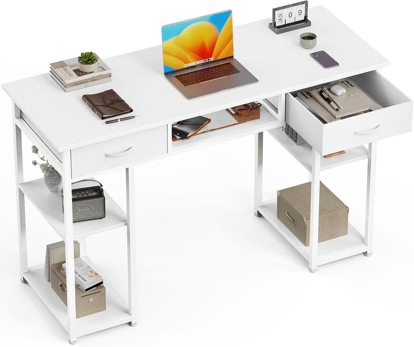 Simenmax Computer Desk with 2 Drawers, 48 Inch Office Desk Study Table, Fabric Drawers Storage Shelves,White
