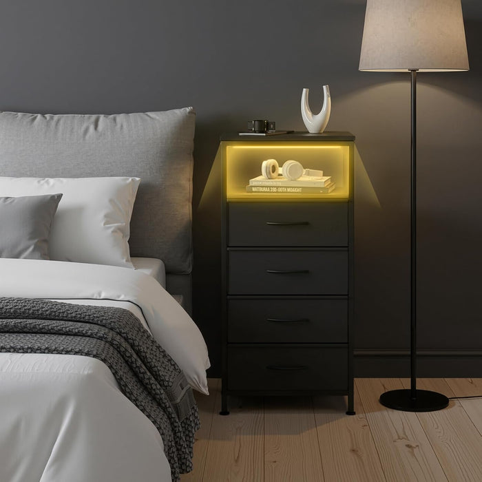 Bigleap Nightstand with Charging Station, 4-Drawer Bedside Table with USB/Type-C Ports, AC Outlets & LED Light Strip, Adjustable Feet, Black