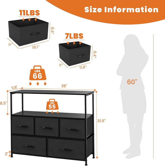 Bigleap TV Stand for Bedroom, TV Dresser for 45 inches, Media Console Table, Entertainment Center with 5 Fabric Drawers Cabinet and Open Storage Shelf Furniture Cabinet for Living Room, Brown