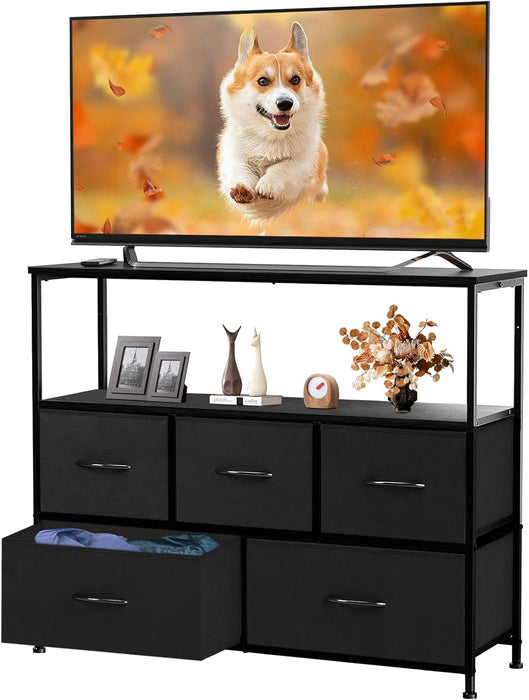 Bigleap TV Stand for Bedroom, TV Dresser for 45 inches, Media Console Table, Entertainment Center with 5 Fabric Drawers Cabinet and Open Storage Shelf Furniture Cabinet for Living Room, Brown
