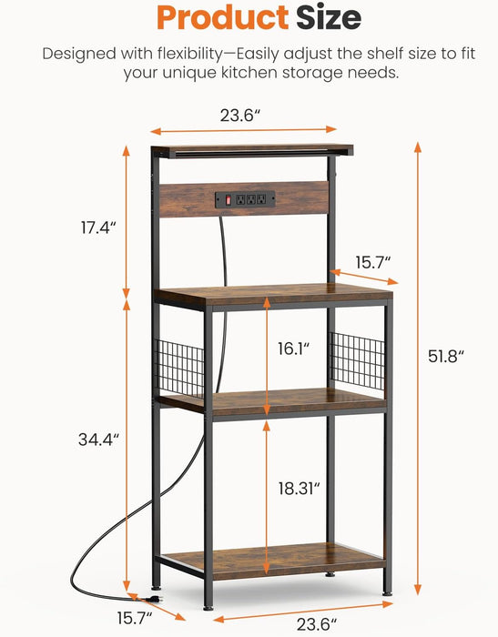Simenmax 23.6" Kitchen Bakers Rack with Power Outlet, 4-Tier Adjustable Microwave Stand