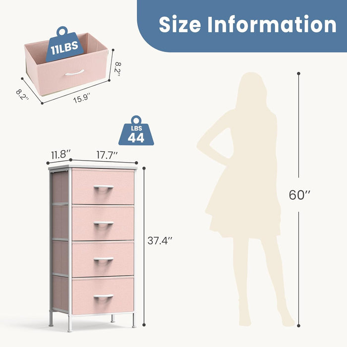 Bigleap 4 Drawer Dresser with Wood Top, Fabric Storage Tower & Tall Chest for Bedroom, Living Room, Hallway Organization, Pink