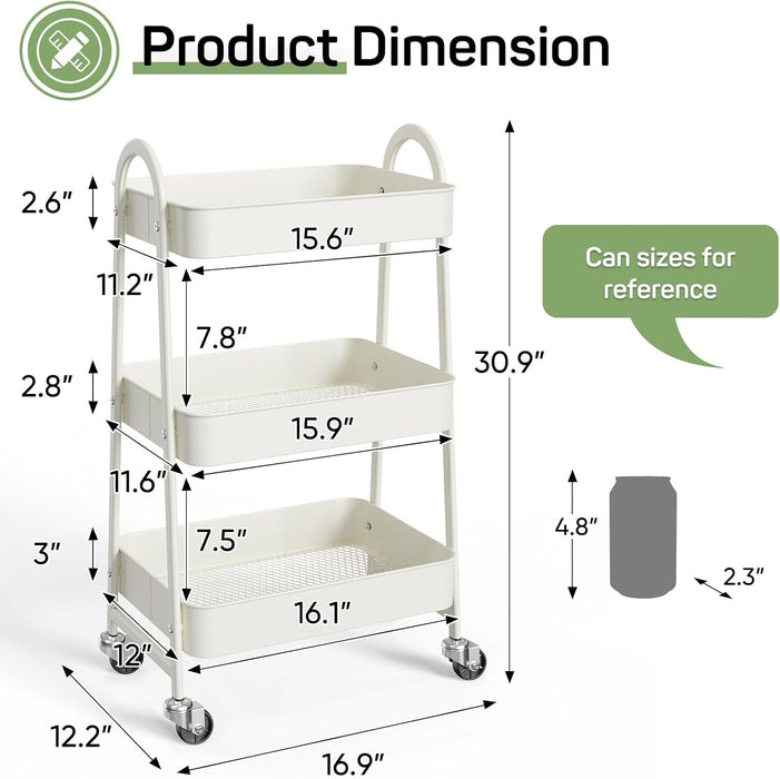 Bigleap Rolling Utility Cart, 3-Tier Metal Storage Trolley with Handle and Lockable Wheels, Multifunctional Organizer for Office, Kitchen, Living Room, Bathroom,White