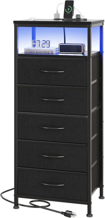 Simenmax Nightstand with Charging Station & LED Lights, 5 Drawer Bedside Table with Variable Light Strip, Modern Industrial Bedroom Furniture, Black