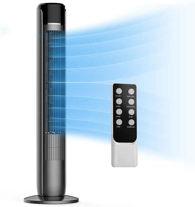 Bigleap Tower Fan, 35" Cooling Fan with Remote, 60° Floor Fan Oscillating, Powerful Fan with 4 Modes, 12-Hour Timer, Quiet Portable Bladeless Fan for Bedroom Living Rooms Office Gray