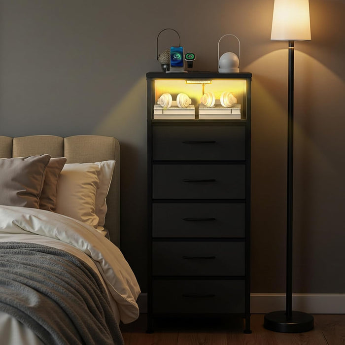 Bigleap Nightstand with Charging Station, 5-Drawer Bedside Table with USB/Type-C Ports, AC Outlets & LED Light Strip, Adjustable Feet, Black
