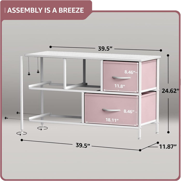Simenmax 5 Dresser for Bedroom, 5 Storage Drawers, Wide Fabric Closet Chests Organizer Tower Furniture with Wooden Top Metal Frame for Clothes, Room, Living Room, Hallway, Entryway, Pink