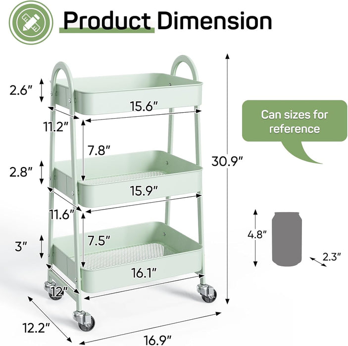 Bigleap Rolling Utility Cart, 3-Tier Metal Storage Trolley with Handle and Lockable Wheels, Multifunctional Organizer for Office, Kitchen, Living Room, Bathroom,Green