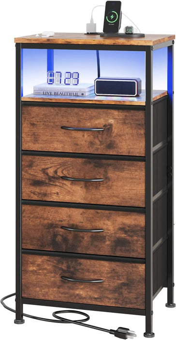Simenmax Nightstand with Charging Station & LED Lights, 4 Drawer Bedside Table with Variable Light Strip, Modern Industrial Bedroom Furniture, Brown