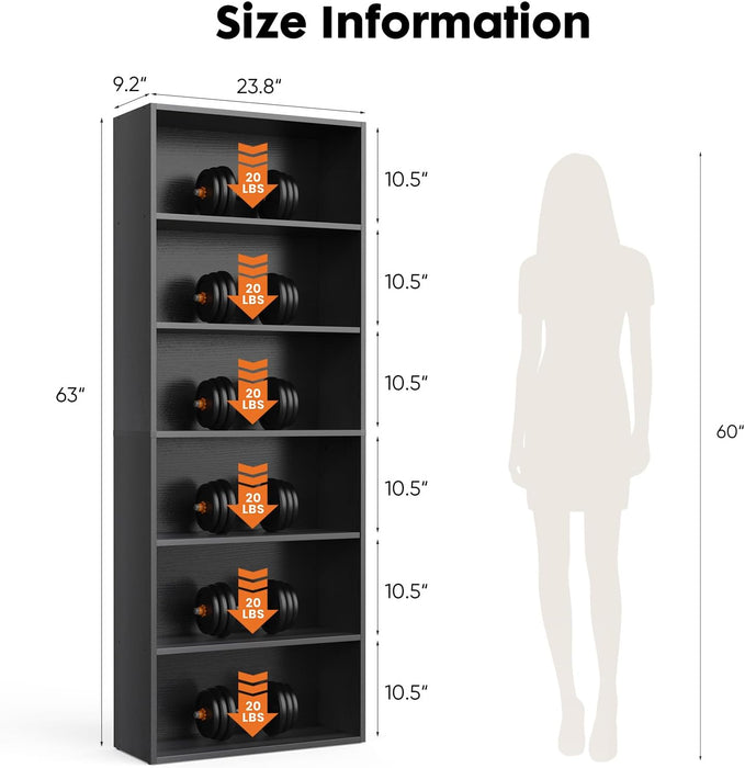 Simenmax 6-Tier Bookshelf, 53" Tall Floor-Standing Bookcase Display Storage Shelves for Home Office, Living Room, Bedroom, Black