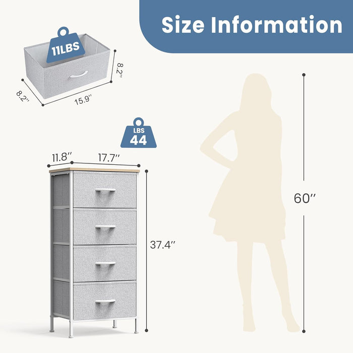 Bigleap 4 Drawer Dresser with Wood Top, Fabric Storage Tower & Tall Chest for Bedroom, Living Room, Hallway Organization, Light Gray