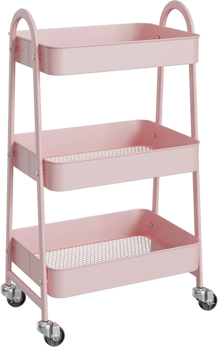 Bigleap Rolling Utility Cart, 3-Tier Metal Storage Trolley with Handle and Lockable Wheels, Multifunctional Organizer for Office, Kitchen, Living Room, Bathroom,Pink
