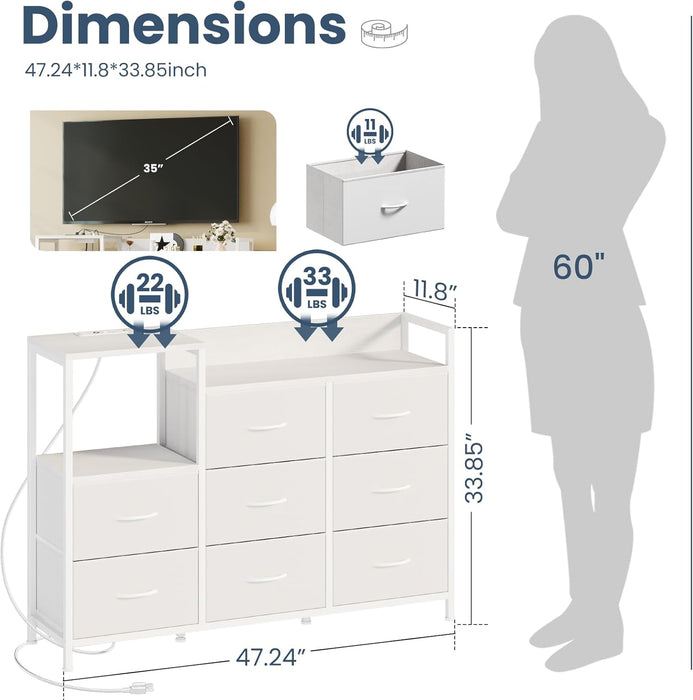 Bigleap 47" TV Stand with 8 Drawers, Entertainment Center with Charging Station, Fabric Dresser Storage Cabinet for Living Room, Bedroom, White