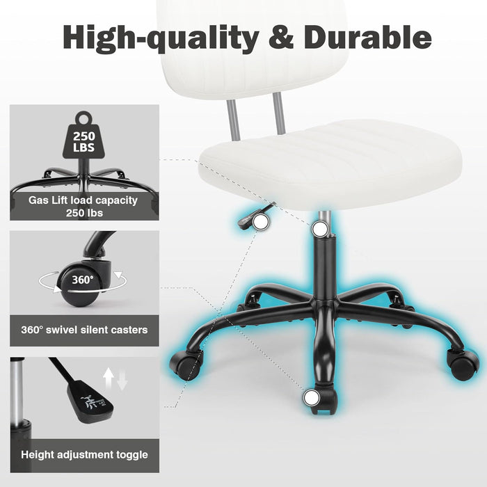 Bigleap Office Chair, Computer Chair with Lumbar Support, Comfy Armlees PU Leather Task Chair,White