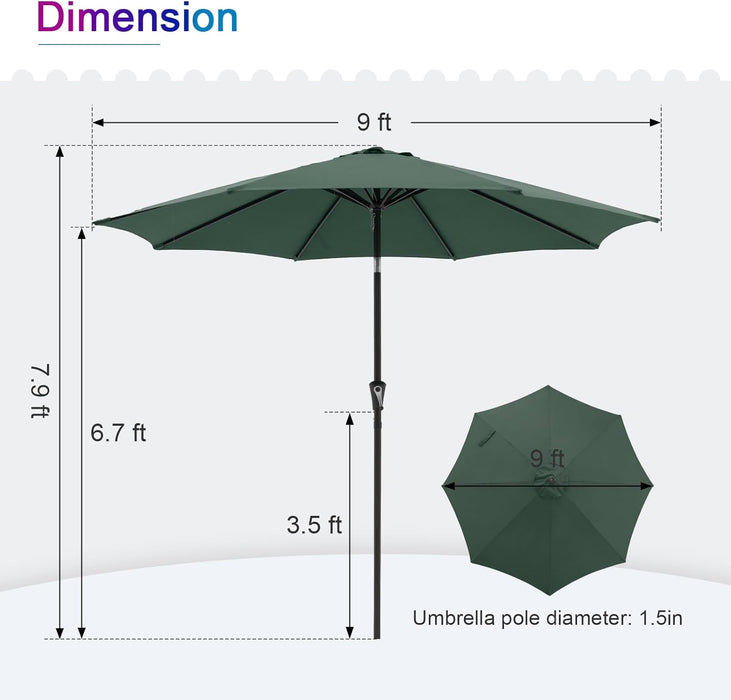 Bigleap 9FT Patio Umbrella, Market Umbrella with 8 Sturdy Ribs, Outdoor Table Umbrella for Garden, Lawn, Backyard, Pool, Green
