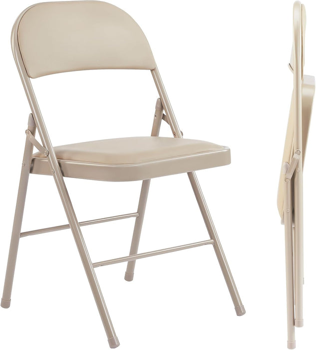 Bigleap Folding Chairs 2 Pack, PU Leather Padded Foldable Chairs with Metal Frame for Indoor Outdoor Use, Office, Party, Wedding, Khaki