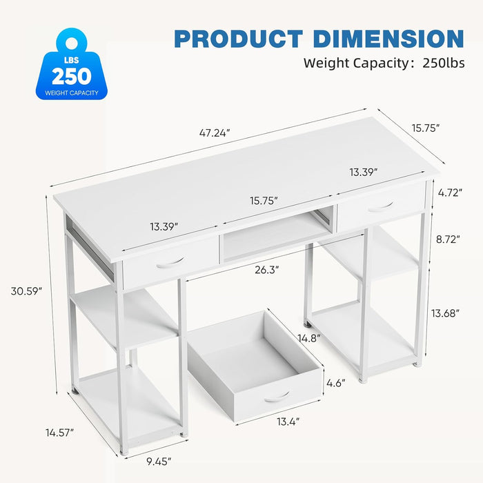 Simenmax Computer Desk with 2 Drawers, 48 Inch Office Desk Study Table, Fabric Drawers Storage Shelves,White