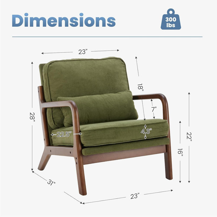 Simenmax Mid Century Modern Accent Chair, Lounge Chair with Cushion, Solid Wood Chair with Arms, Reading Chair for Living Room, Bedroom,Green