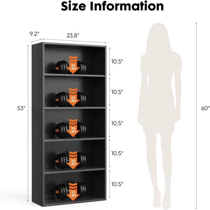 Simenmax 5-Tier Bookshelf, 53" Tall Floor-Standing Bookcase Display Storage Shelves for Home Office, Living Room, Bedroom, Black