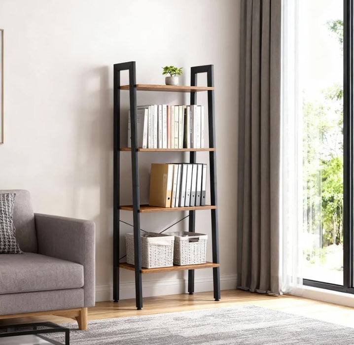 Simenmax 4-Tier Bookshelf, Industrial Ladder Shelf, Space-Saving Storage & Display Bookshelf for Living Room, Bedroom, Office, Brown