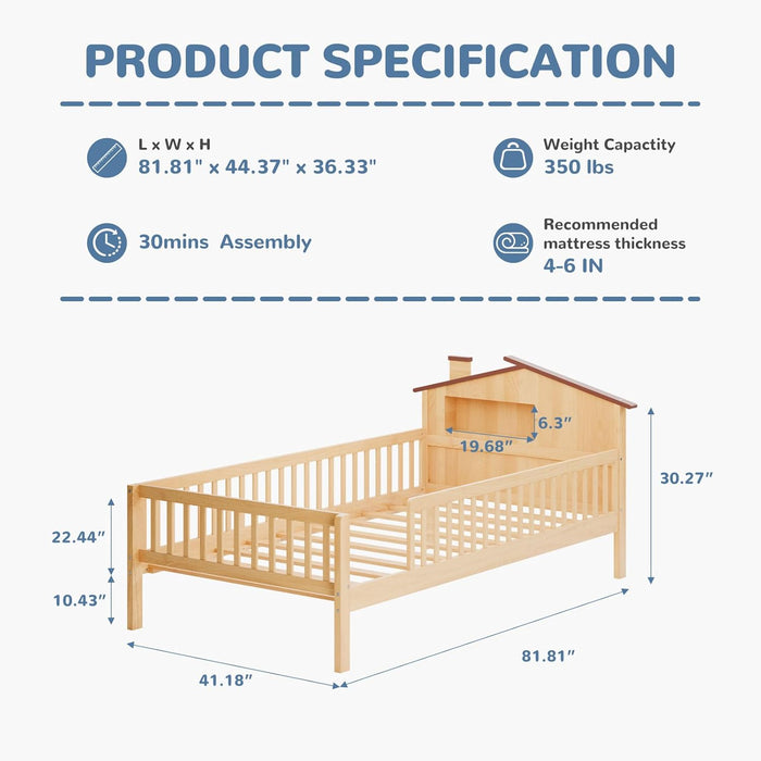Simenmax Twin Size Bed Frame with House Headboard, Storage Guardrails - Solid Wood, No Box Spring, Natural Brown