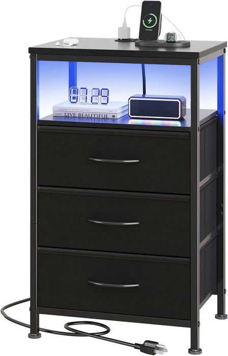 Simenmax Nightstand with Charging Station & LED Lights, 3 Drawer Bedside Table with Variable Light Strip, Modern Industrial Bedroom Furniture, Black