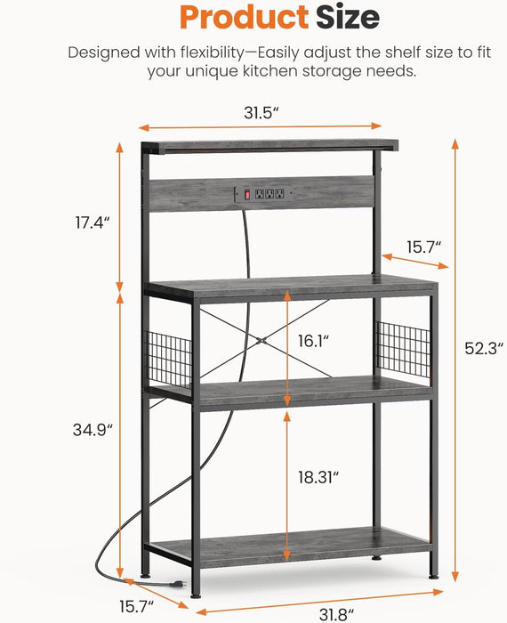Simenmax 31.5" Kitchen Bakers Rack with Power Outlet, 4-Tier Adjustable Microwave Stand, Coffee Bar Station, Gray Storage Shelf Appliance Organizer