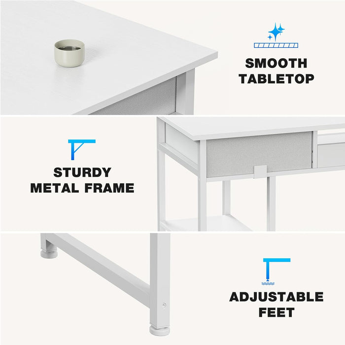 Simenmax Computer Desk with 2 Drawers, 48 Inch Office Desk Study Table, Fabric Drawers Storage Shelves,White