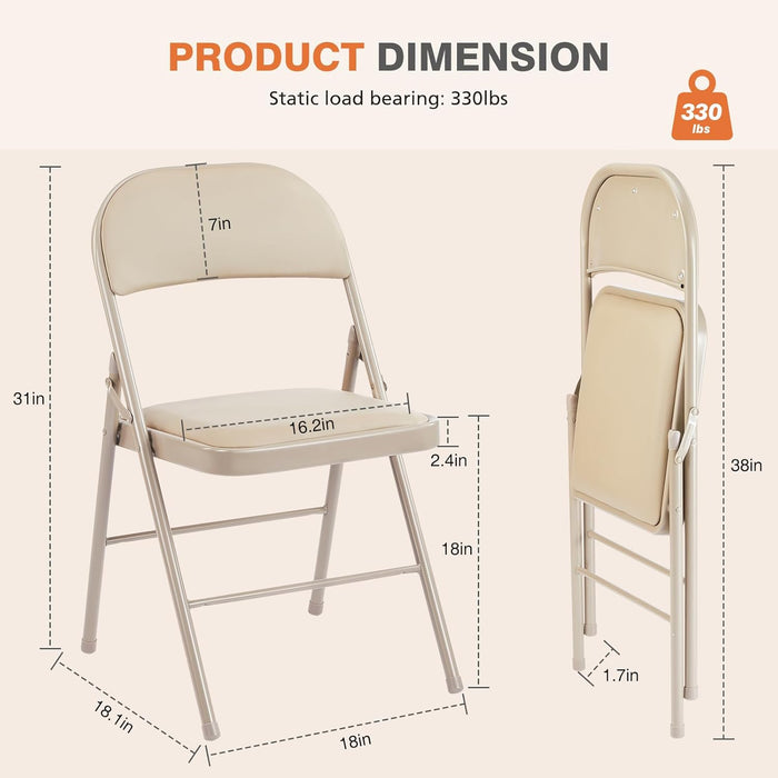 Bigleap Folding Chairs 2 Pack, PU Leather Padded Foldable Chairs with Metal Frame for Indoor Outdoor Use, Office, Party, Wedding, Khaki