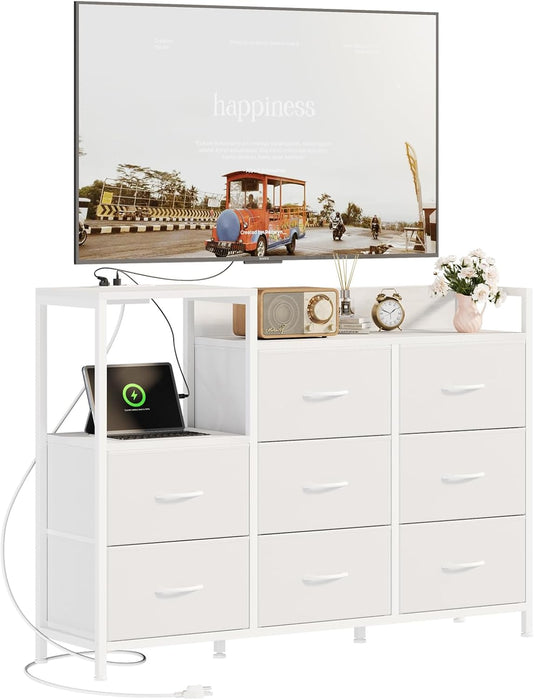 Bigleap 47" TV Stand with 8 Drawers, Entertainment Center with Charging Station, Fabric Dresser Storage Cabinet for Living Room, Bedroom, White