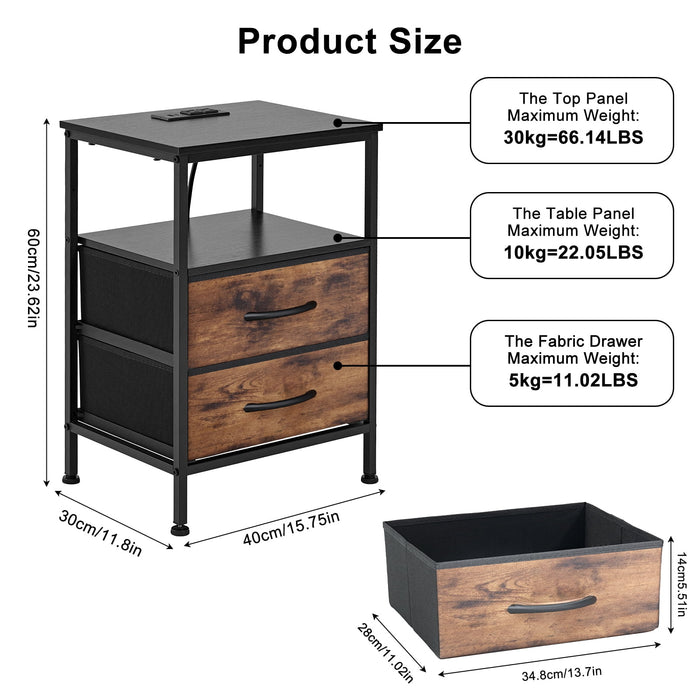 Beddle Nightstand with Charging Station, LED Bedside Table with Fabric Drawer, End Table for Bedroom, Living Room