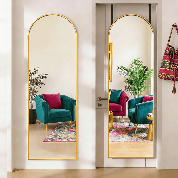 Blorly Mirror over the Door‌, 47x14 Arch Full Length Mirror for Hanging or Wall Mounted, Space Saving, No Drilling, for Bathroom, Closet, Entryway, Gold