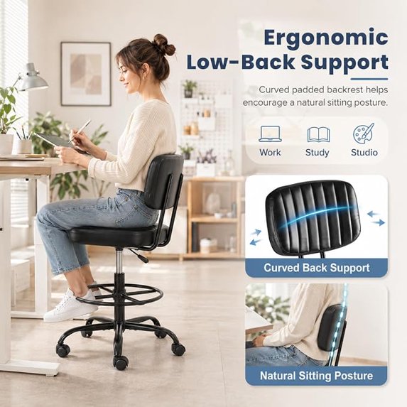 Armless Office Desk Chair, PU Leather Ergonomic Task Chair with Low Back Lumbar Support, Height Adjustable Swivel Computer Chair for Home Office